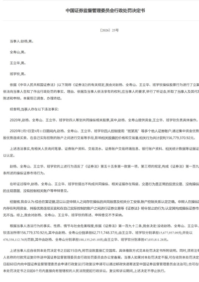 四人共同操縱股票獲利近1.57億，被證監會罰沒6.27億_班學欽_王立華_趙楊