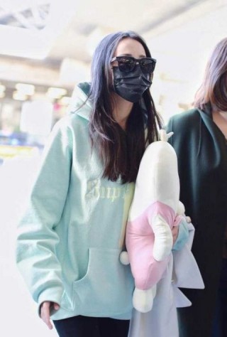 迪麗熱巴全副武裝單手抱玩偶現身機場，網友：不穿毛